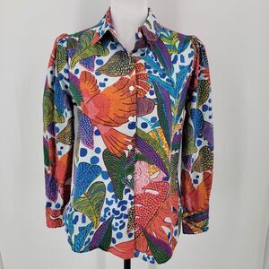 Dress Nado Blouse Women's Small Button Up Colorful Tropical Print Puff Shoulder